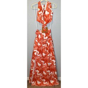 Women’s Small Orange Tropical Leaf print Maxi Dress Slit Cut Out Belted New